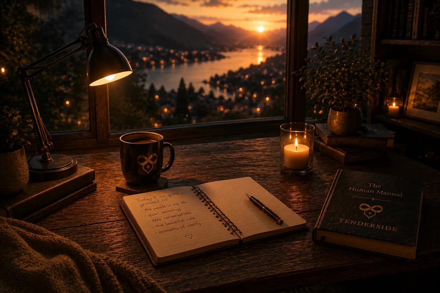 A journal open beside the Tenderside manual on a desk at sunset